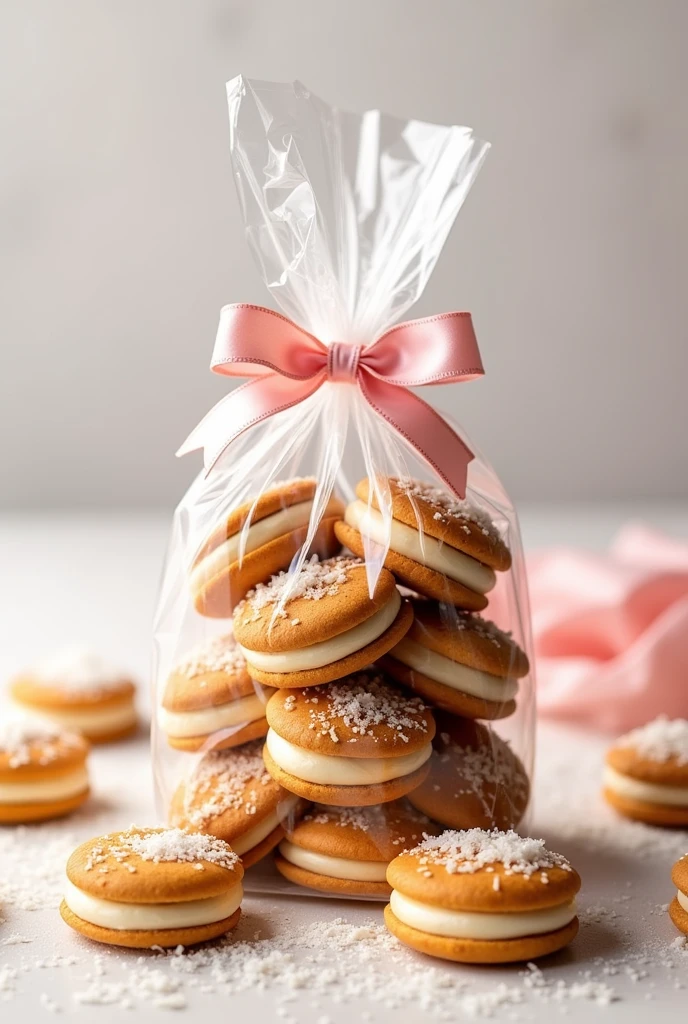 A photo where Allan has a lot of alfajores with lots of arequipe and grated coconut on the sides, put in a transparent bag, tied with a pink bow, posts in a photo section