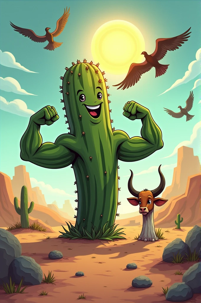 cartoon cactus double biceps cattle head on bone radiant sun with vultures flying in the sky