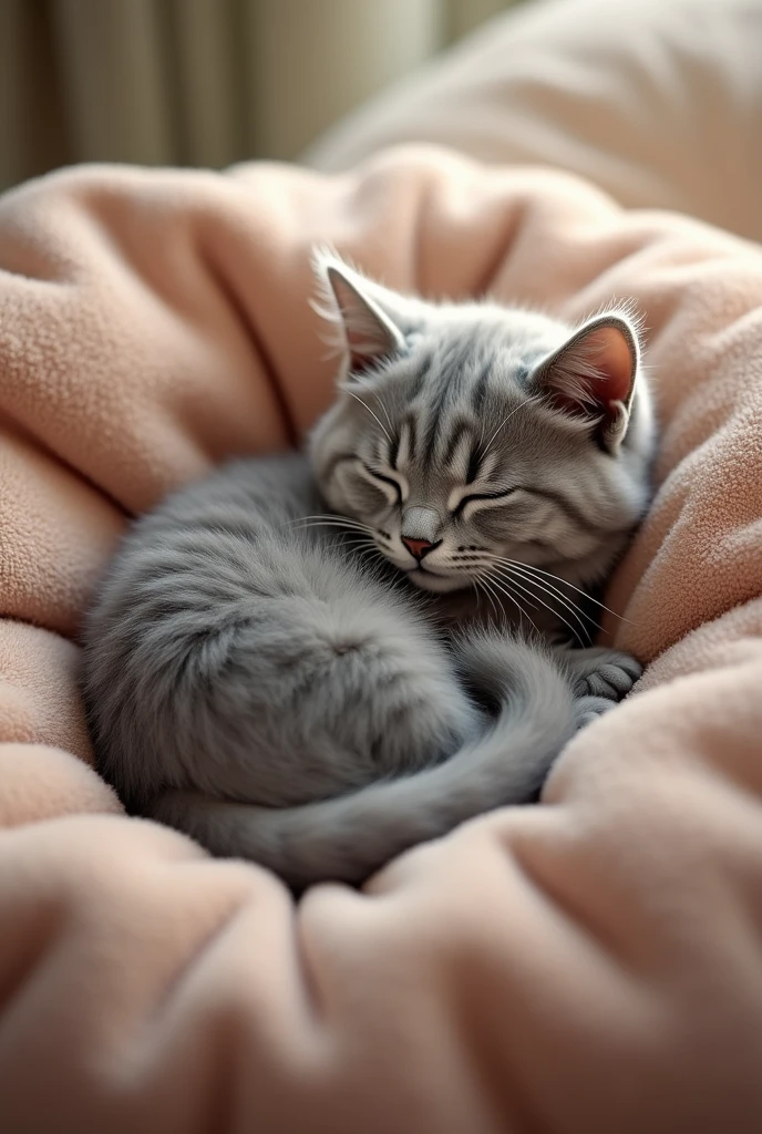 A CUTE GREY CAT IN HER BED