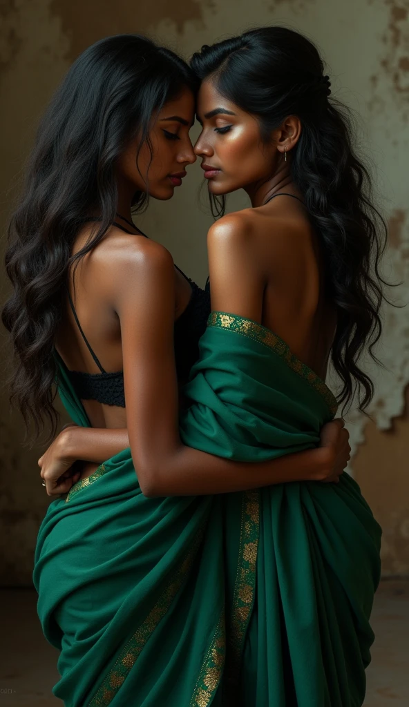 Two indian girls, dark green saree, black strappy choli, backless, sitting on top of each other, dirty