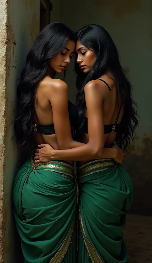 Two indian girls, dark green saree, black strappy choli, backless, sitting on top of each other, dirty
