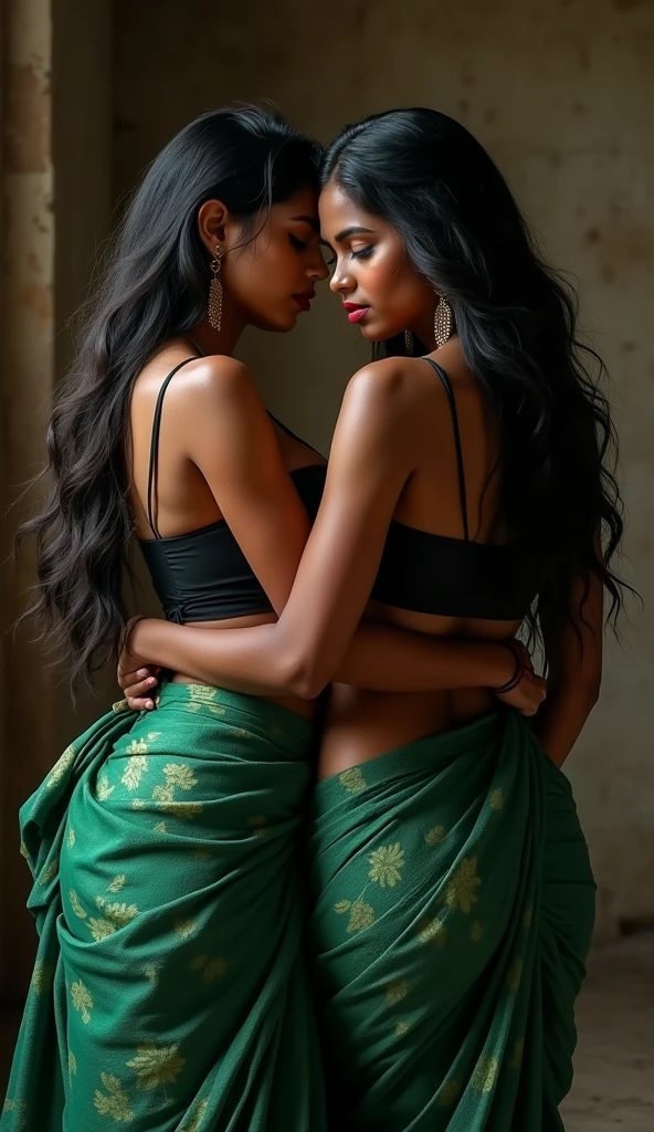 Two indian girls, dark green saree, black strappy choli, backless, sitting on top of each other, dirty