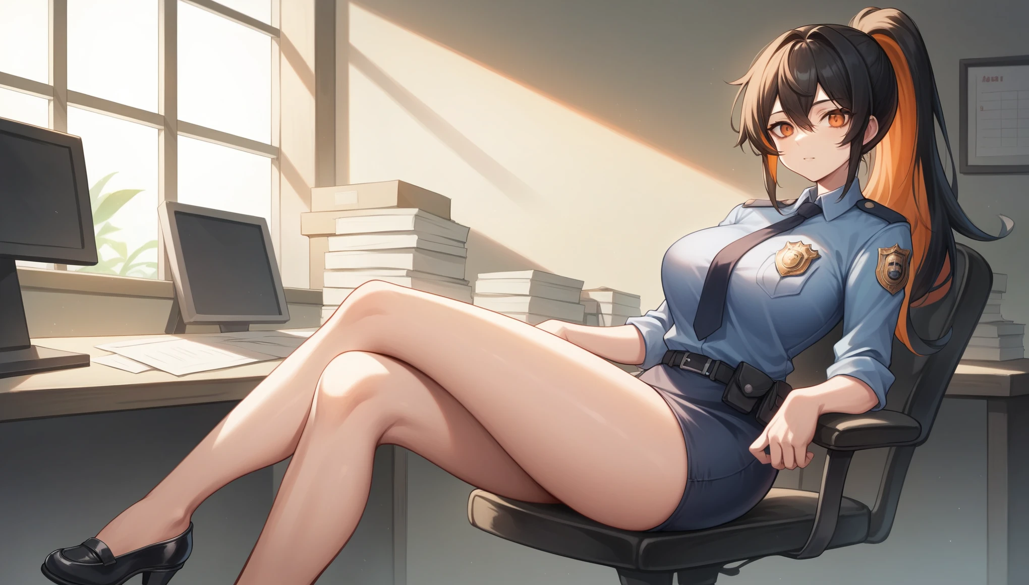 masterpiece，high resolution，Anime Art，Anime Numbers， 4k anime wallpaper，Soft Light，Radiant Skin，Solitary，An anime girl，sit on the chair，Big breasts，Firm chest，Black high ponytail，Striped hair，Orange Eyes，Police Uniform，Short skirt，Slender legs，office