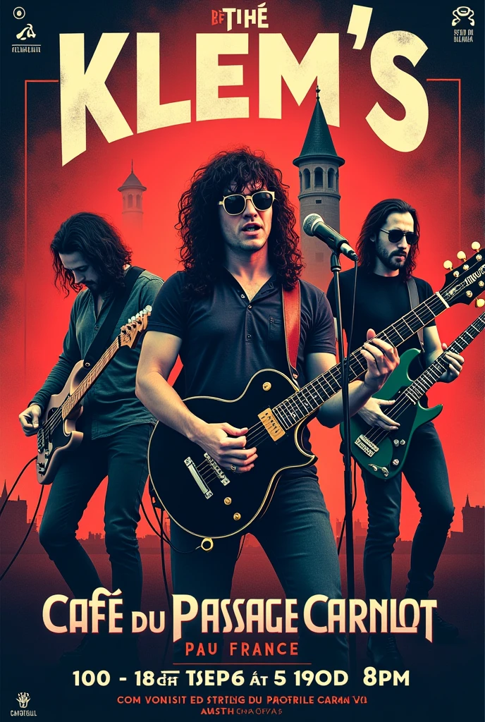 Créer une affiche moderne pour un concert I mange d’un chanteur, un drummer, un bassiste, deux guitaristes. dans un style rock réaliste château Henri 4.  pour le band « The Klem’s ». Date le 06/09/24 à 20h au café du passage Carnot à Pau.
