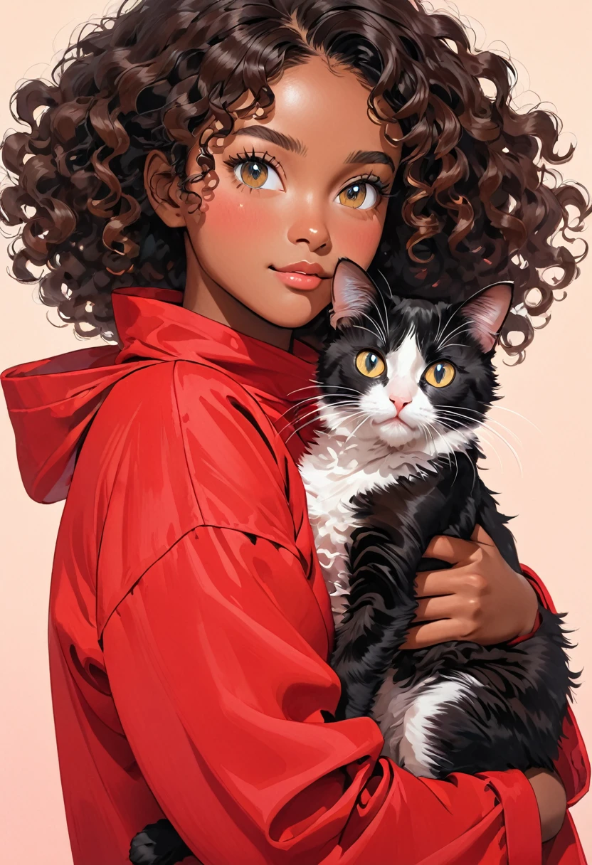 A young black-skinned woman with curly hair with eyes in a red outfit holding a cat in her arms
