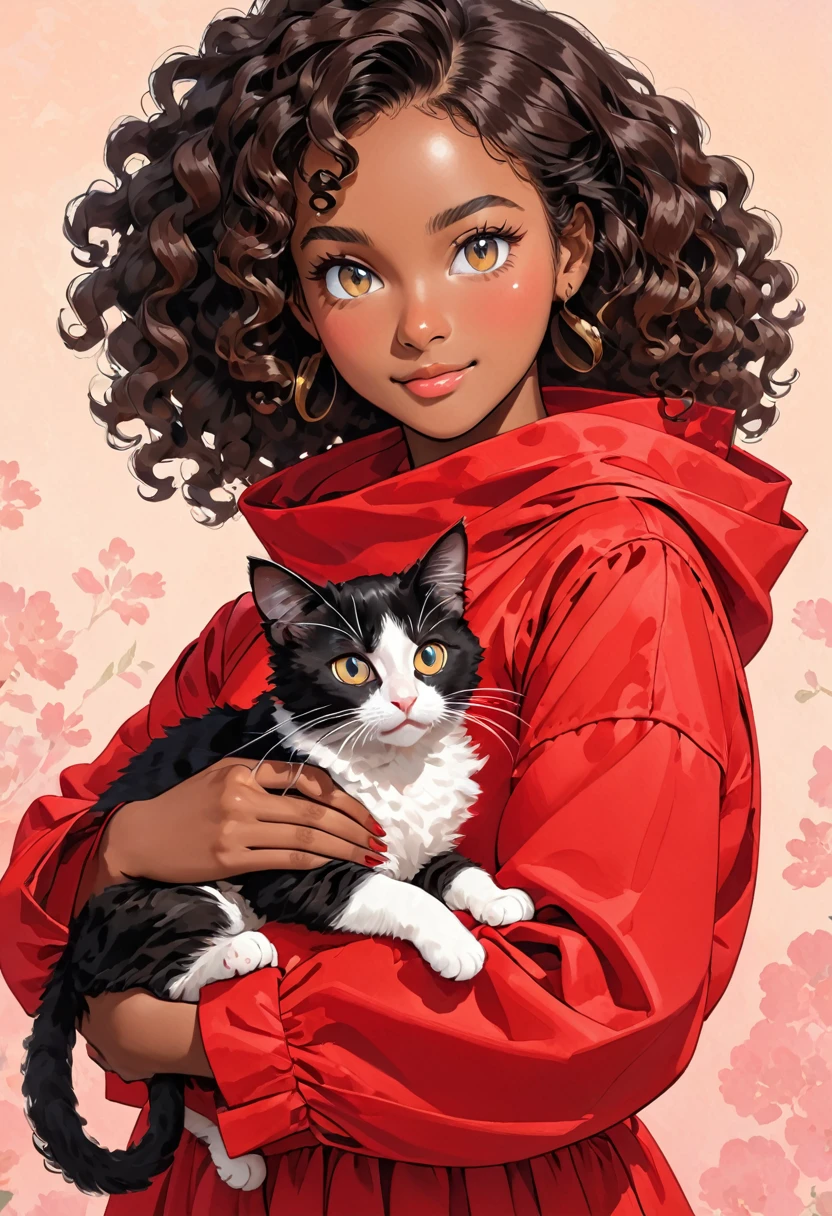 A young black-skinned woman with curly hair with eyes in a red outfit holding a cat in her arms