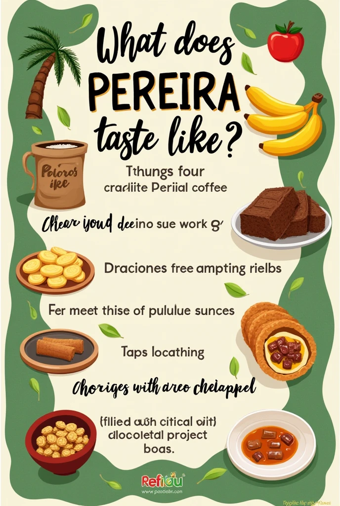 Create two signs that say "What does Pereira taste like? On the poster put 4 of the following typical foods from the city of Pereira, como una planta de often, a coffee plant or a sack of coffee, a bunch of banana, patacones with stew, sugar cane, often, chorizos with arepa, Arepa with chocolate and pineapple. This poster will be presented to preschool children.