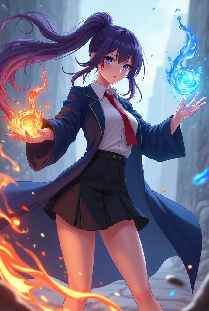 chica del anime magic and muscles, long purple hair,fringe, dark blue eyes, dark blue long robe, red tie, short black skirt, White shirt, hair tied in a ponytail, controlling fire water