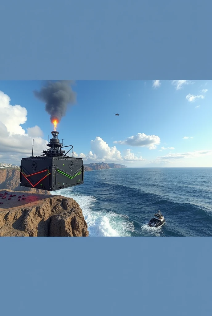 Black cube made of metallic materials with geometrically distributed panels which have slots from which green and red neon lights emerge, black sheet, Stainless steel, exposed mechanical elements, motor, gear, pipelines, cabling, turbojet thrusters, fire ejectors, levitating over the ocean.