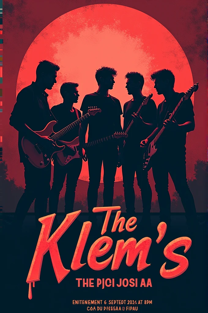 Créer une affiche moderne pour un concert d’un chanteur, un drummer, un bassiste, deux guitaristes. dans un style rock avec faux personnages en ombres. pour le band « The Klem’s ». Date le 06/09/24 à 20h au café du passage Carnot à Pau.