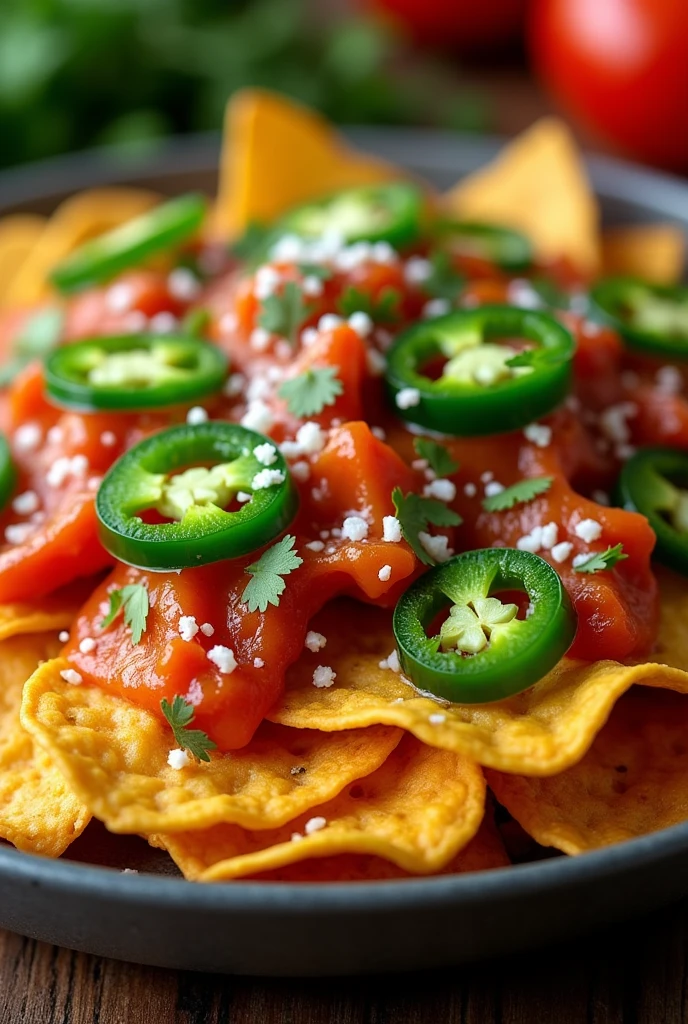 Nachos and jalapeños prepared with lemon consome chamoy tajin and salt