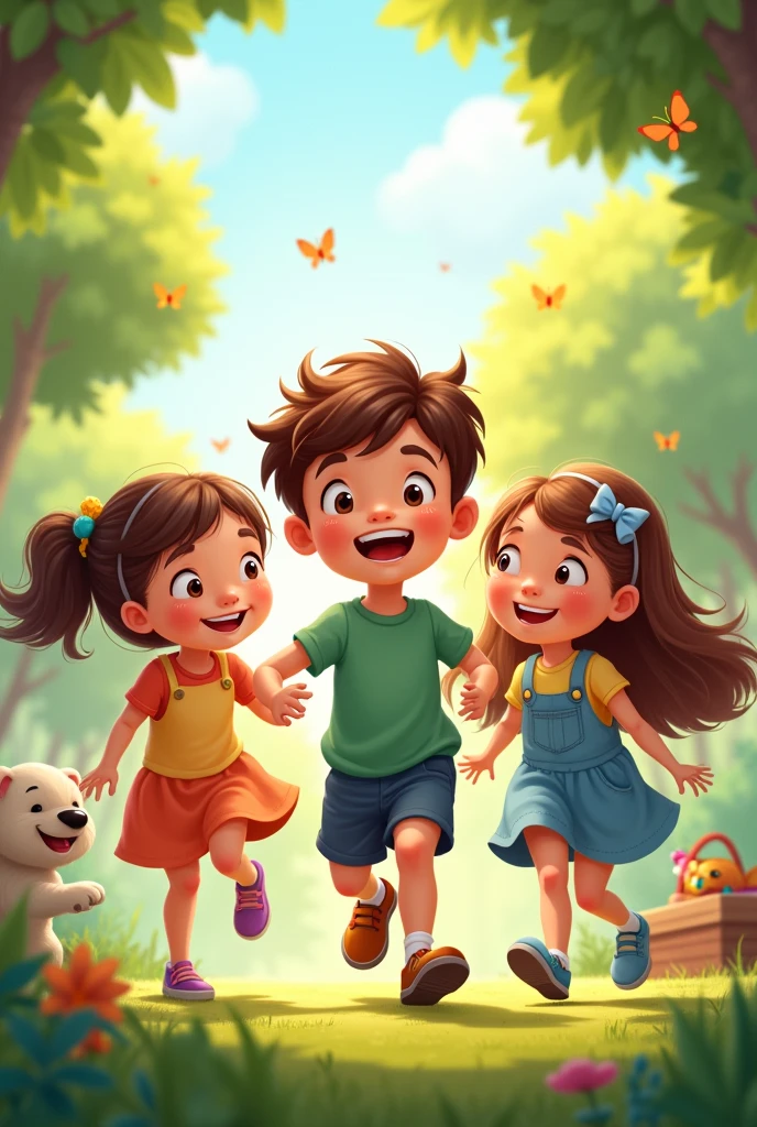 A cartron image a boy and three girls enjoying together