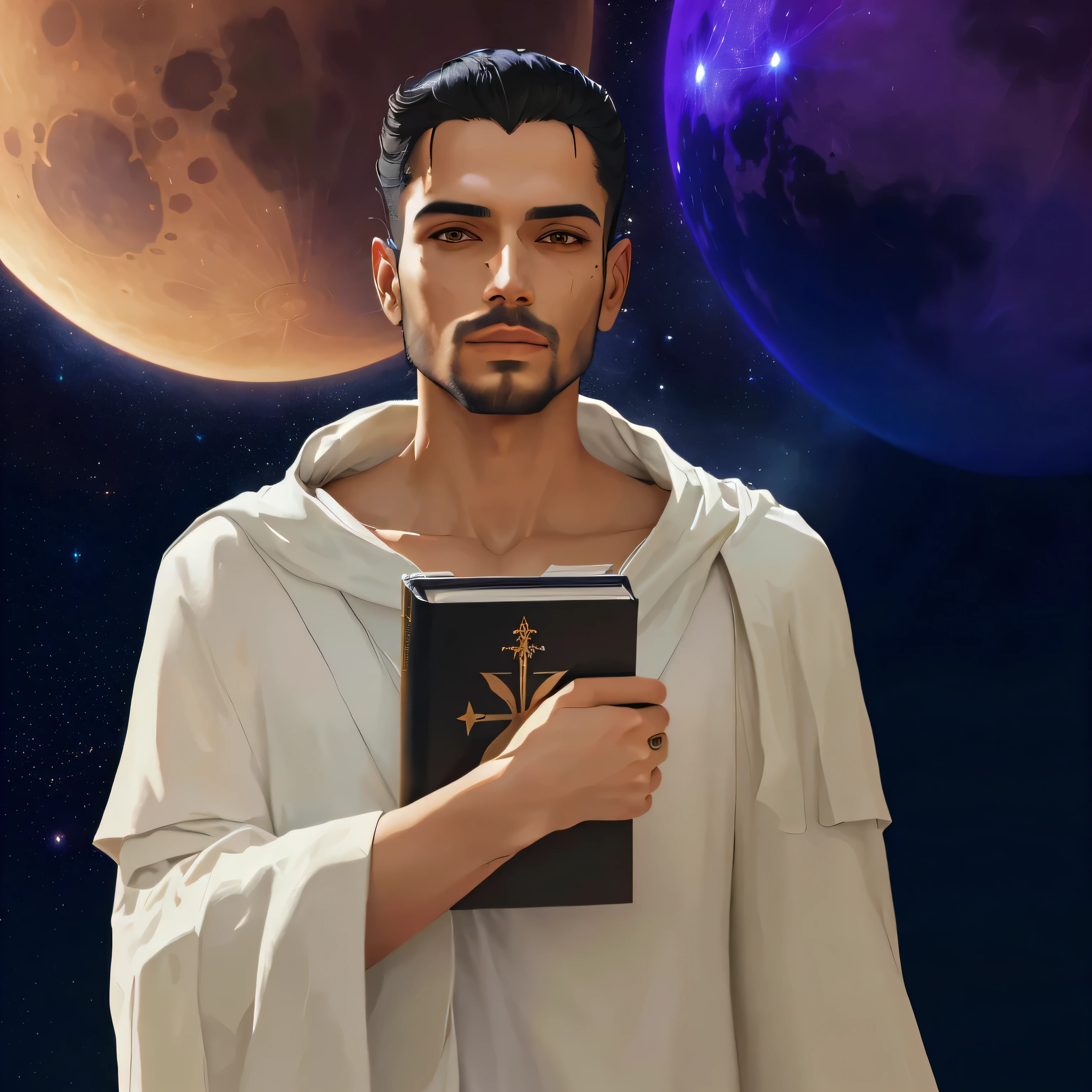 A man dressed in a white robe holds a Bible in front of a planet., Religious science fiction, Jesus Christ in Mass Effect, god of the moon, Hermes Trismegistus, picture of a clergyman, Human Djinn Hybrid, Inspired by Jacob More, Bible illustration, digital illustration, inspired by Amir Zand, inspired by kris by deltarrune