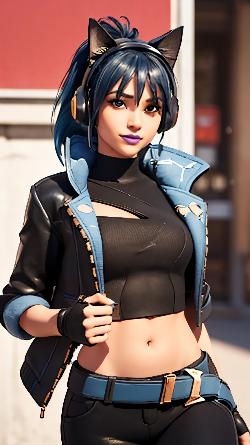 City background, 1girl, solo, HeroicHopeFN, Heroic Hope from fortnite, (crop top, black top, open clothes), (jacket crop top, black jacket, blue loose, jacket loose), fingerless gloves, black pants, blue belt, blue hair, ponytail, blue eyes, headphones, cat ears headphones, holster, holster spray cans, purple lips, lipsticks, smirk, upper body, looking at viewer,