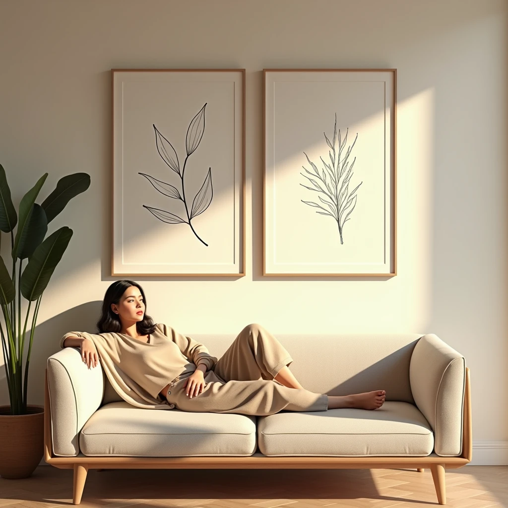 A realistic interior scene featuring a cozy living room with warm, natural lighting. The focus is on two vertical DIN A frames hanging on a wall above a modern, stylish sofa. One frame displays minimalistic black line art, while the other features an abstract brushstroke design. A relaxed woman dressed in neutral tones is lounging on the sofa, adding an elegant and sophisticated touch to the scene. The overall atmosphere is serene and inviting, highlighting the beauty of the artwork in a home decor setting.