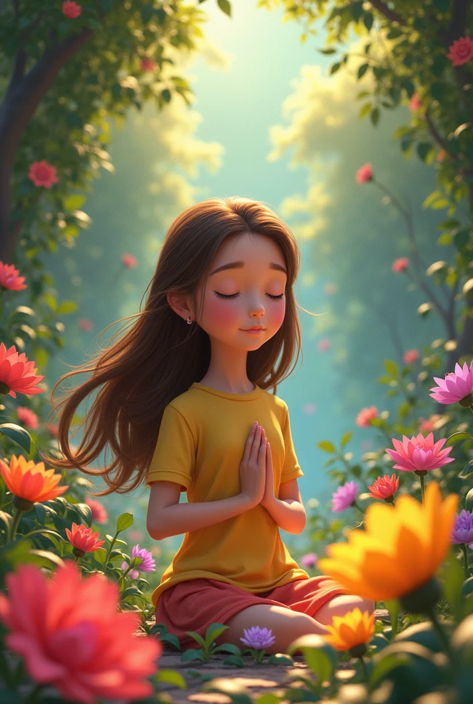 Corita, a girl with brown hair, he is with his eyes closed, Breathing deeply while imagining yourself in a colorful garden.