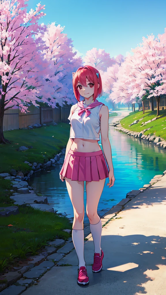 A beautiful anime girl, very beautiful face, happy face, smiling, short pink hair, little white horns on the head, pink eyes, very detailed eyes, Lucy elfen lied , dynamic pose, beautiful body, medium breasts , big thighs, She is wearing a short blouse, short skirt, high thigh socks, shows the navel,  beautiful body femenino, body 1:3 , Walk along a path with nature, lake background, sakura trees, maximum quality, Perfect anatomy, masterpiece, HD