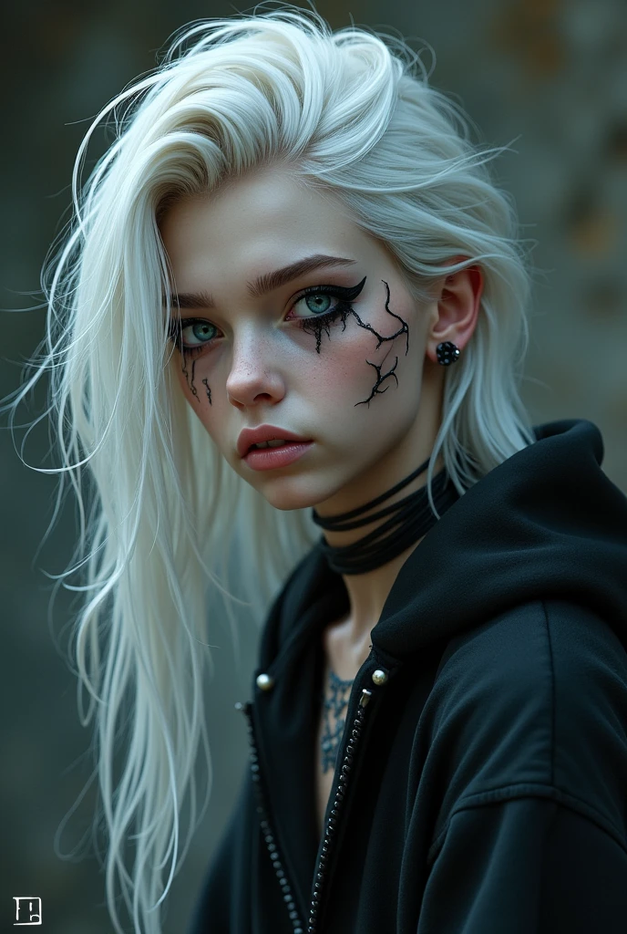 Draw me a boy with long, whitish hair, with one eye blue and the other black, with facial piercings, with androgynous and young features, the stage is a room. Remember he is a man