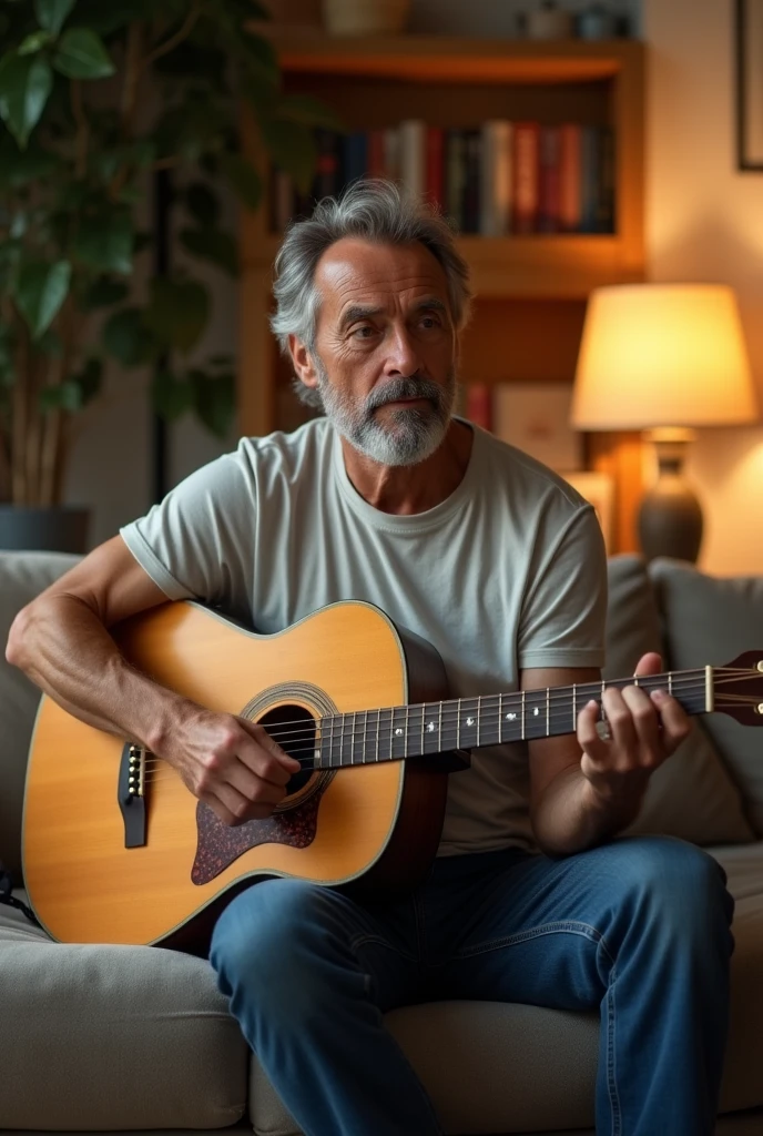 casual man sitting in living room with guitar