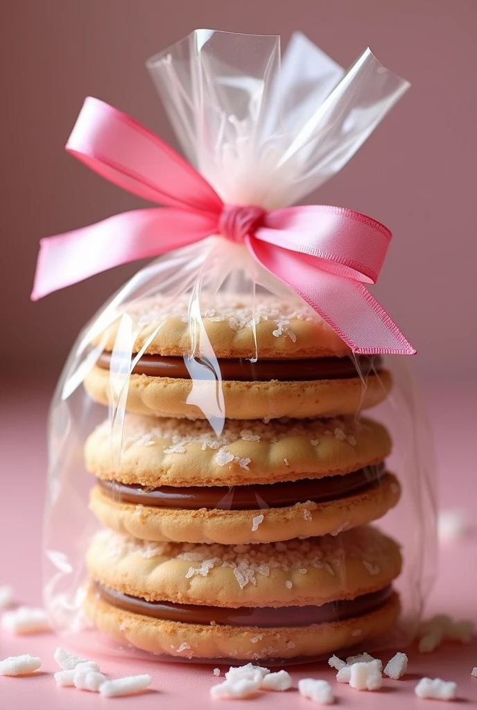 Alfajores with caramel and grated coconut in a bag with a pink ribbon