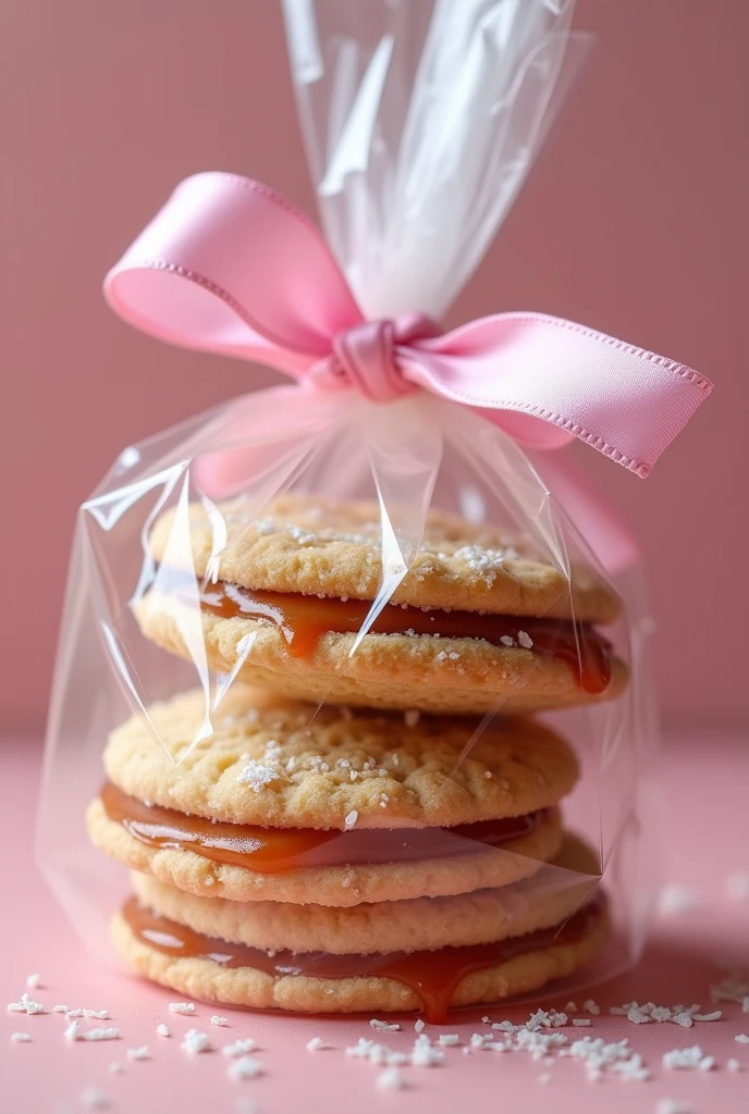 Alfajores with caramel and grated coconut in a bag with a pink ribbon 