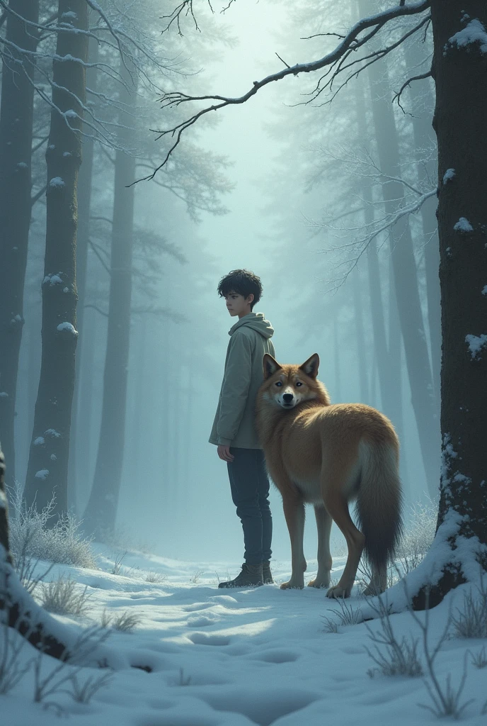 A tall boy, thin and with slightly marked features, next to a brown-furred wolf. background, There is a forest covered in fog in a snowstorm