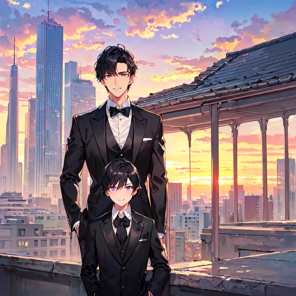 masterpiece,best quality,high quality,(2men austere handsome two adults age 30 years old:1.5), purple eyes, cool with suspended eyes, V-shaped eyebrows, body strong and fearless 8.5 head tall, height 185cm, (well-groomed black short hair:1.4), (bangs parted into 7 thirds) 1.4), slender nose, facial muscles, throat, (black suit black tie black pants:1.3), (standing:1.3), (stylish pose), (cool smile:1.3), (background skyscraper roof:1.3) , (sunset:1.3) , (upper body:1.3)