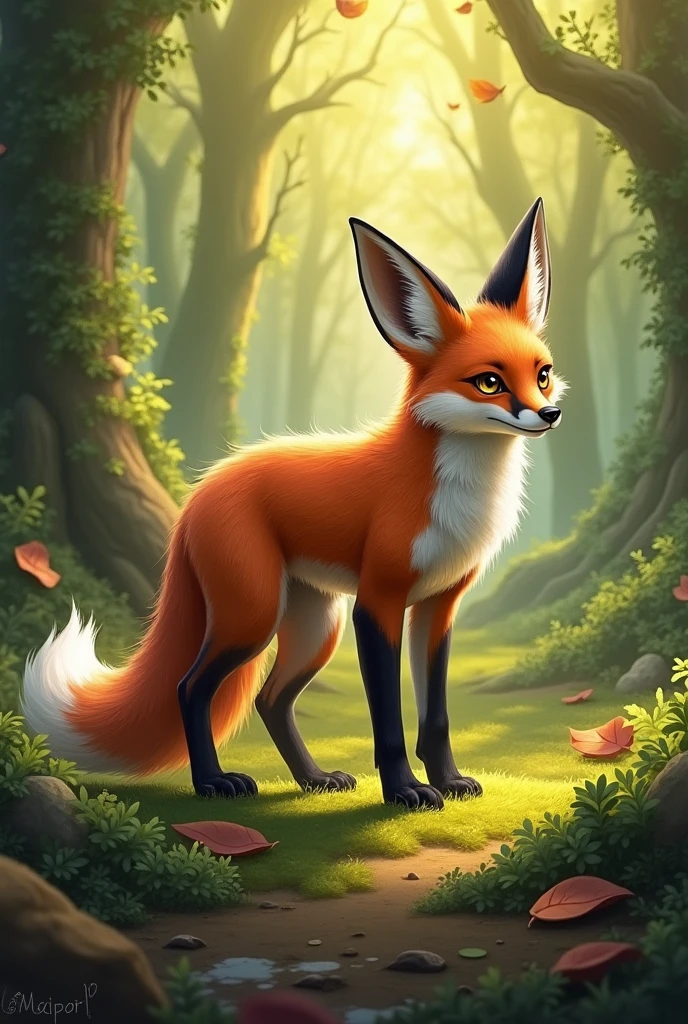 A furry fox on all fours