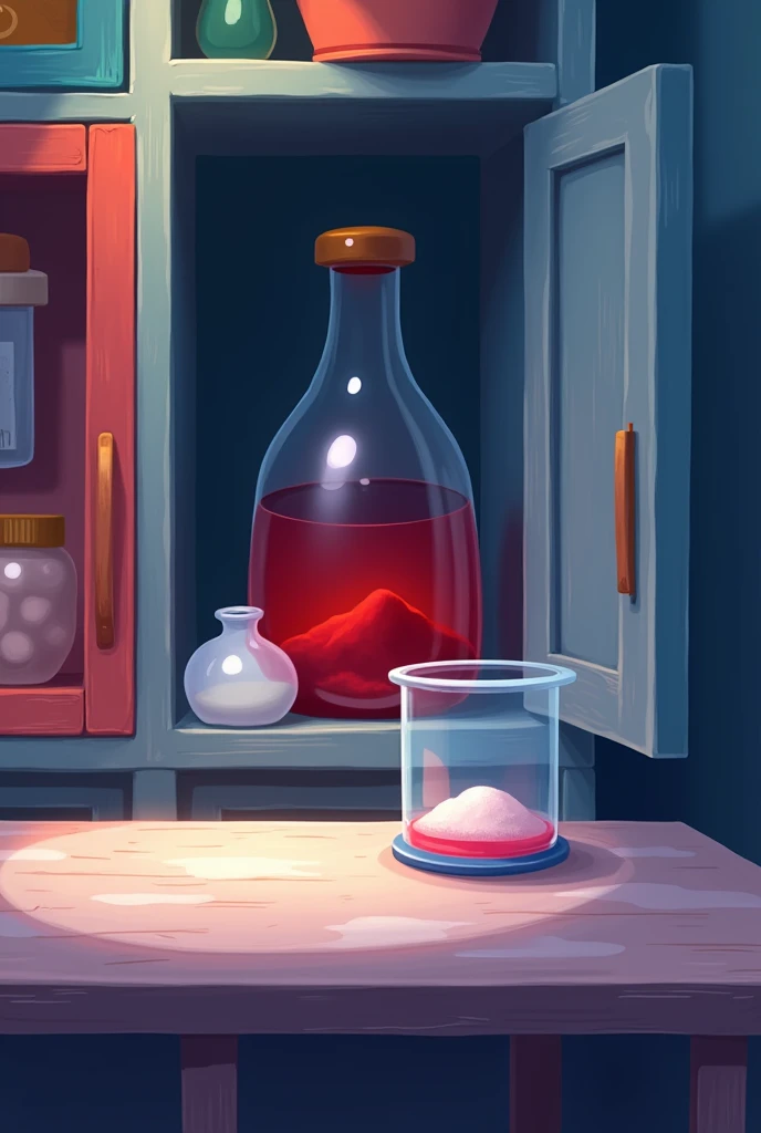 animated: In the cupboard there was a bottle of red liquid and some white powder. On the table there was a glass.