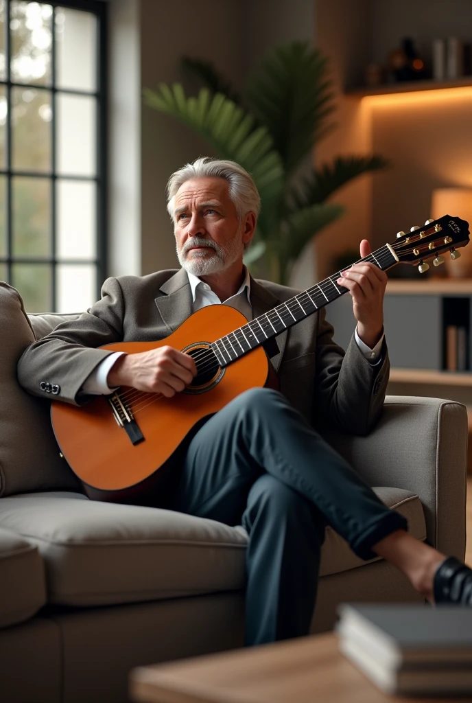 modern man sitting in living room with guitar