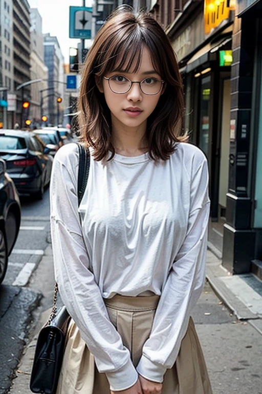 Photo of a beautiful woman standing on a street corner, (masterpiece:1.2, Highest quality), (Realistic, photoRealistic:1.4), Beautiful illustrations, (Natural Side Lighting, Cinema Lighting), Written boundary depth, Beautiful thighs staring at the viewer, (((Face Focus, Upper Body))), 1 female, 30 years old, alone, thin, thin, Small breasts!!!, Loose Curly Hair, Bedhead, amount, thin, thin, (((Glasses))), hoodie, Skinny skirt, Are standing, 25th Street, New York, Portraiture, nipple slip