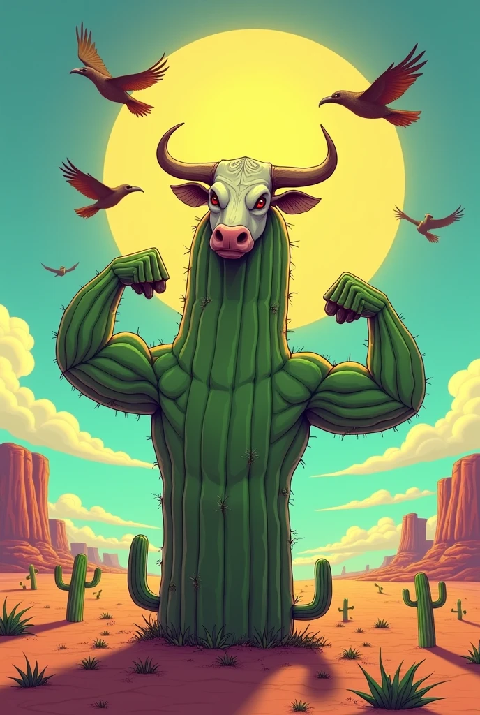 [cartoon] cactus doing double biceps with cattle head on bone and radiant sun with vultures flying in the sky