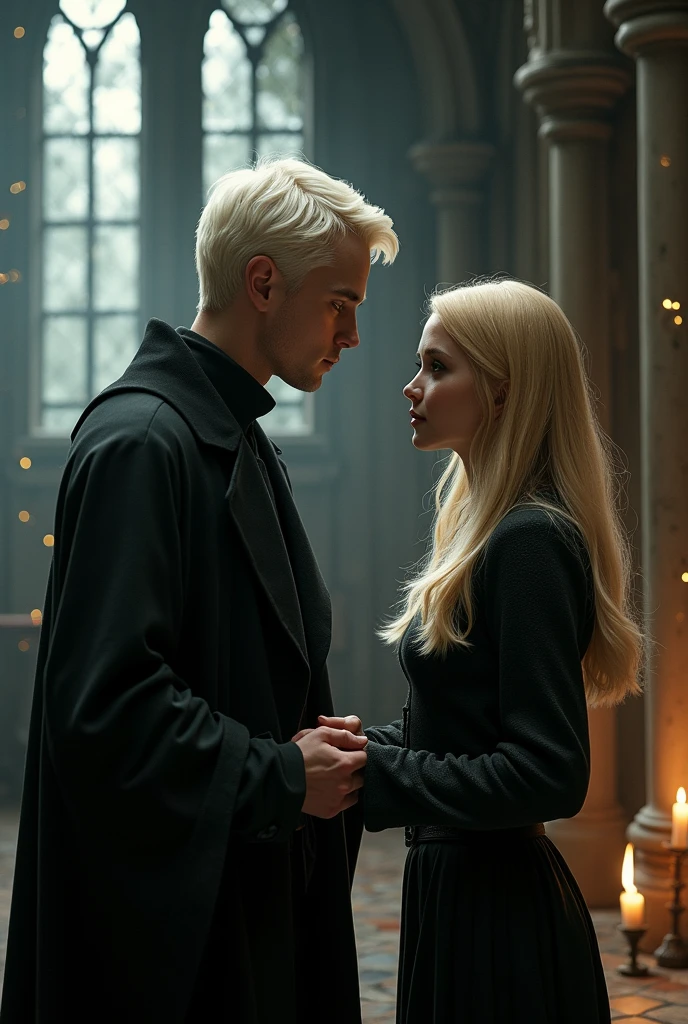Draco Malfoy has short hair kiss Hermione Granger hand