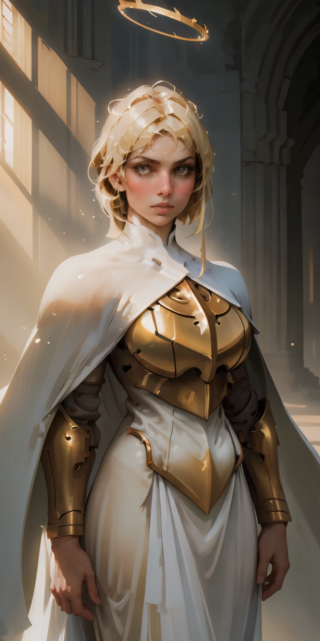 A majestic paladin, bathed in ethereal light, stands tall against a dark backdrop. Her flowing white cape and ornate golden armor create a striking silhouette. A halo of light surrounds her head, and her gaze is fixed on the viewer, her fingers crossed in a gesture of faith and strength.