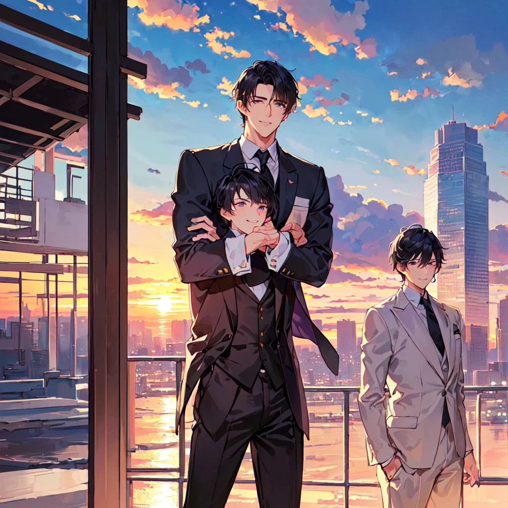 masterpiece,best quality,high quality,(2 men austere handsome two adults age 30 years old:1.5), purple eyes, cool with suspended eyes, V-shaped eyebrows, body strong and fearless 8.5 head tall, height 185cm, (well-groomed black short hair:1.4), (bangs parted into 7 thirds) 1.4), slender nose, facial muscles, throat, (black suit black tie black pants:1.3), (standing:1.3), (stylish pose), (cool smile:1.3), (background skyscraper roof:1.3) , (sunset:1.3) , (upper body:1.3)