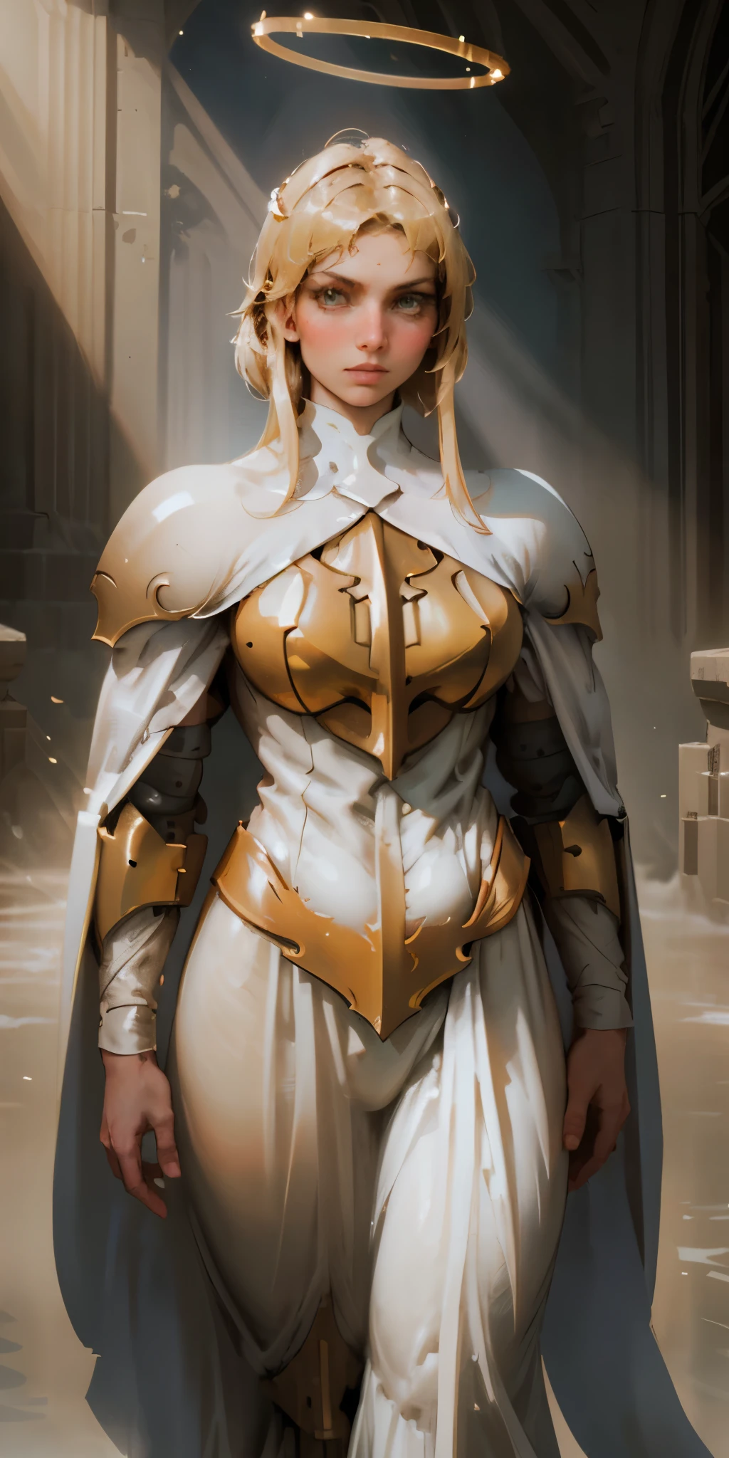 A majestic paladin, bathed in ethereal light, stands tall against a dark backdrop. Her flowing white cape and ornate golden armor create a striking silhouette. A halo of light surrounds her head, and her gaze is fixed on the viewer, her fingers crossed in a gesture of faith and strength.