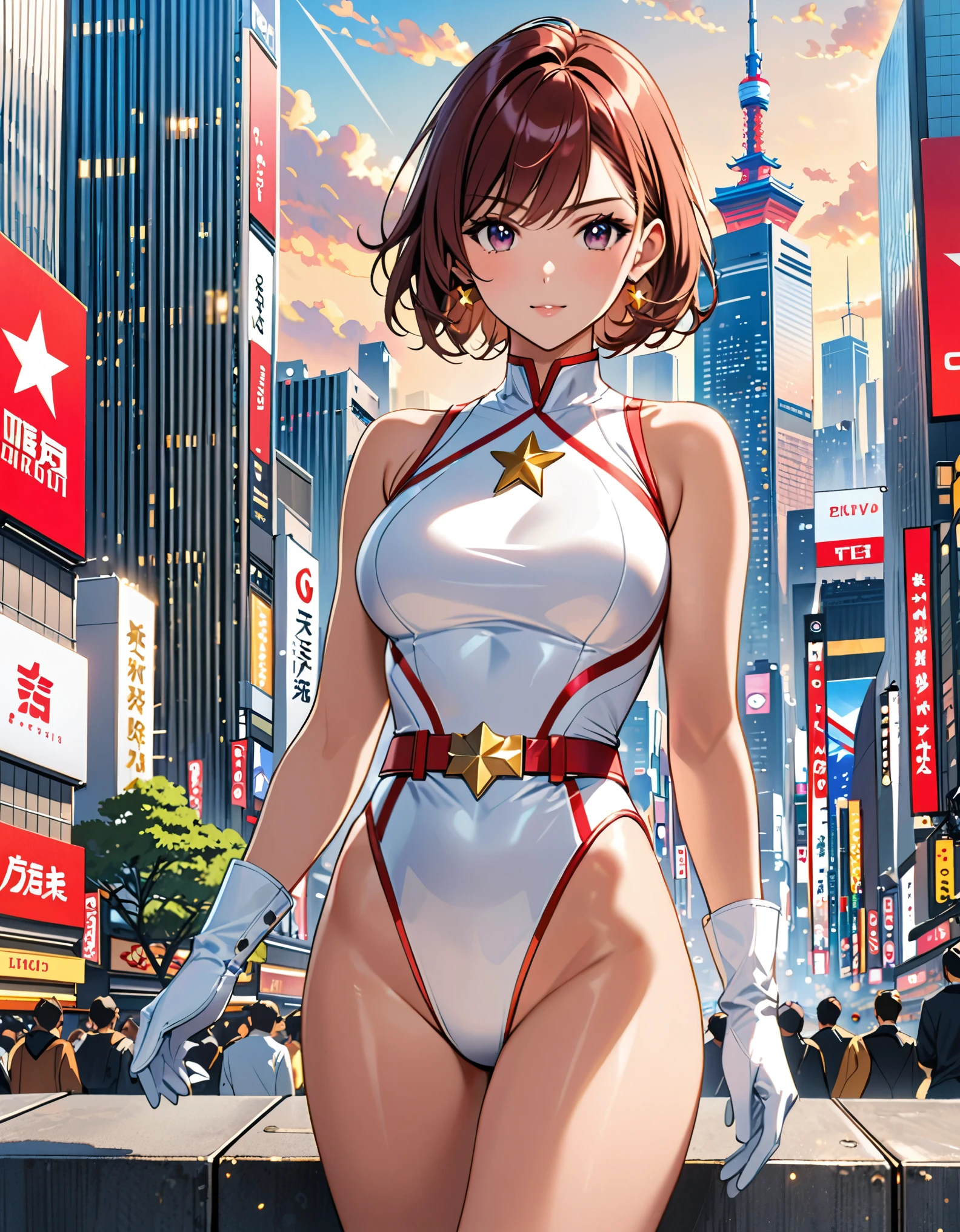 (masterpiece), (best quality), (high res), medium breasts, ((leotard, white and red leotard, matching leotard, sleeveless, bare legs)), ((tight belt, gold belt)), ((boots, matching boots, ankle-high boots, white boots)), ((gloves, white gloves)), city backdrop, tokyo city backdrop, solo, solo focus, standing, (full body), cowboy shot, superhero, ((beautiful detailed eyes)), ((gold star symbol on chest)), (brown hair, medium hair, bob hair, purple eyes), (perfect hands, perfect anatomy), cowboy shot, superhero, ((beautiful detailed eyes)), full body costume design.
