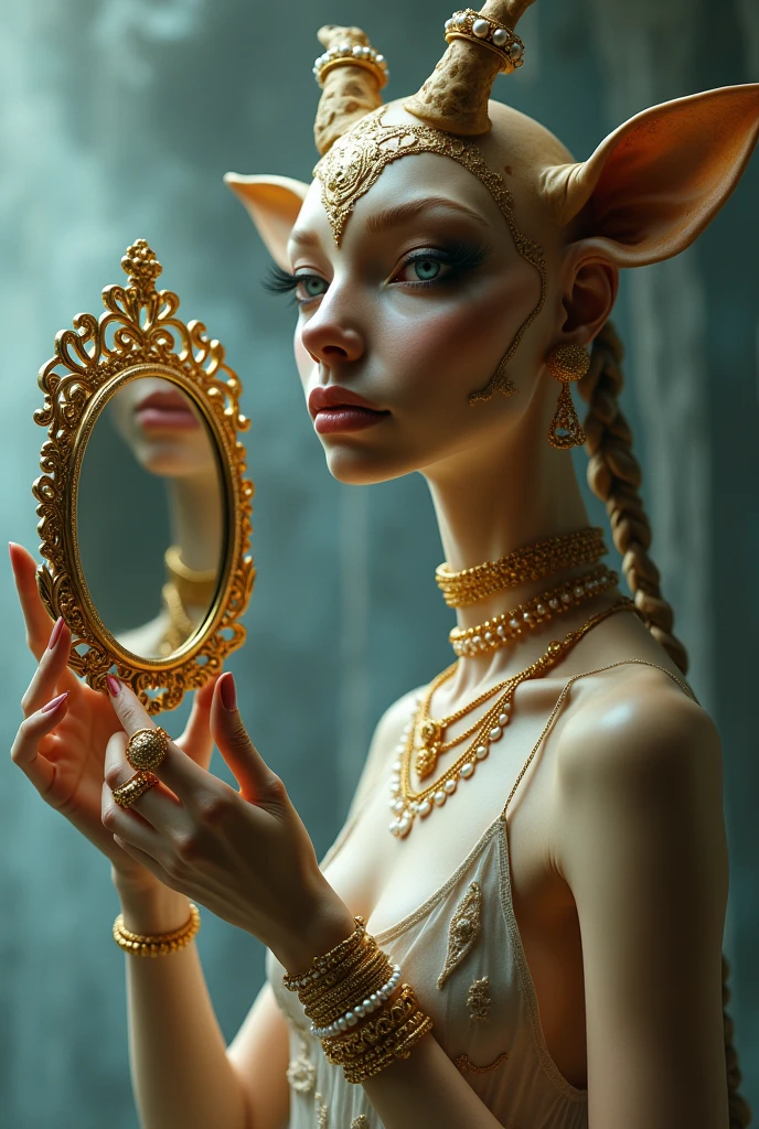 Giraffe woman holding a mirror with pearls and a ring, photo of a hand jewelry model, Wearing elegant jewelry, Gold and pearls, exquisite fine details, gold jewelry, gold-plated jewelry, gold jewelry, exquisite details, detailed jewelry, gold jewelry, jewelry beads, elegant and ornate, ornate and elegant, detailed jewelry, gold jewelry