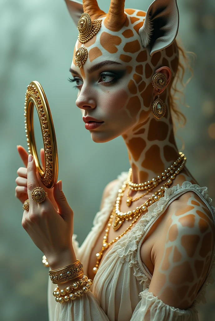 Giraffe woman holding a mirror with pearls and a ring, photo of a hand jewelry model, Wearing elegant jewelry, Gold and pearls, exquisite fine details, gold jewelry, gold-plated jewelry, gold jewelry, exquisite details, detailed jewelry, gold jewelry, jewelry beads, elegant and ornate, ornate and elegant, detailed jewelry, gold jewelry