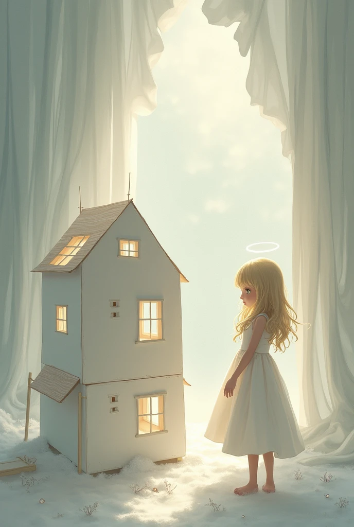 creates the image of a white dollhouse being built with Jesus but without his face appearing with an blonde girl
