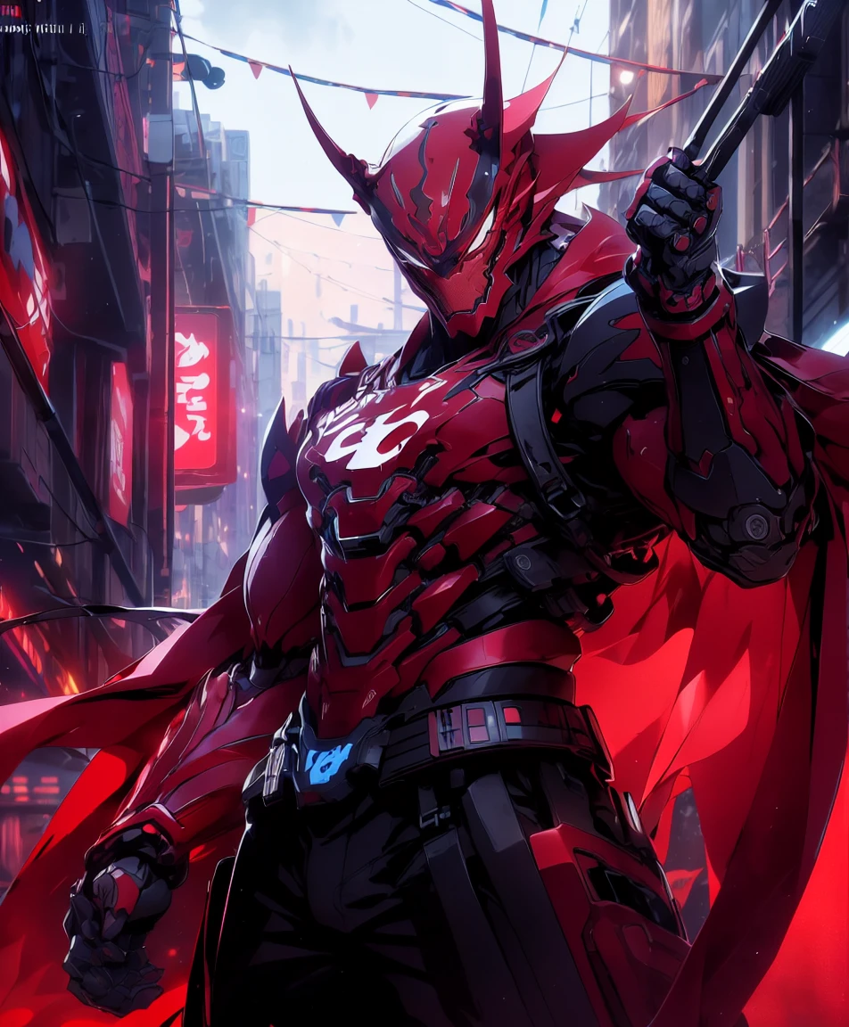 dared in a red suit, standing in front of the city, red ninja, villain in a red oni mask, red son, wonderful expression, cool anime 8k, hero pose colorful city lighting, anime movie style red line, 4k post, 4k post, Red Lanterns, Superhero from the series "The Boys", raspberry themed