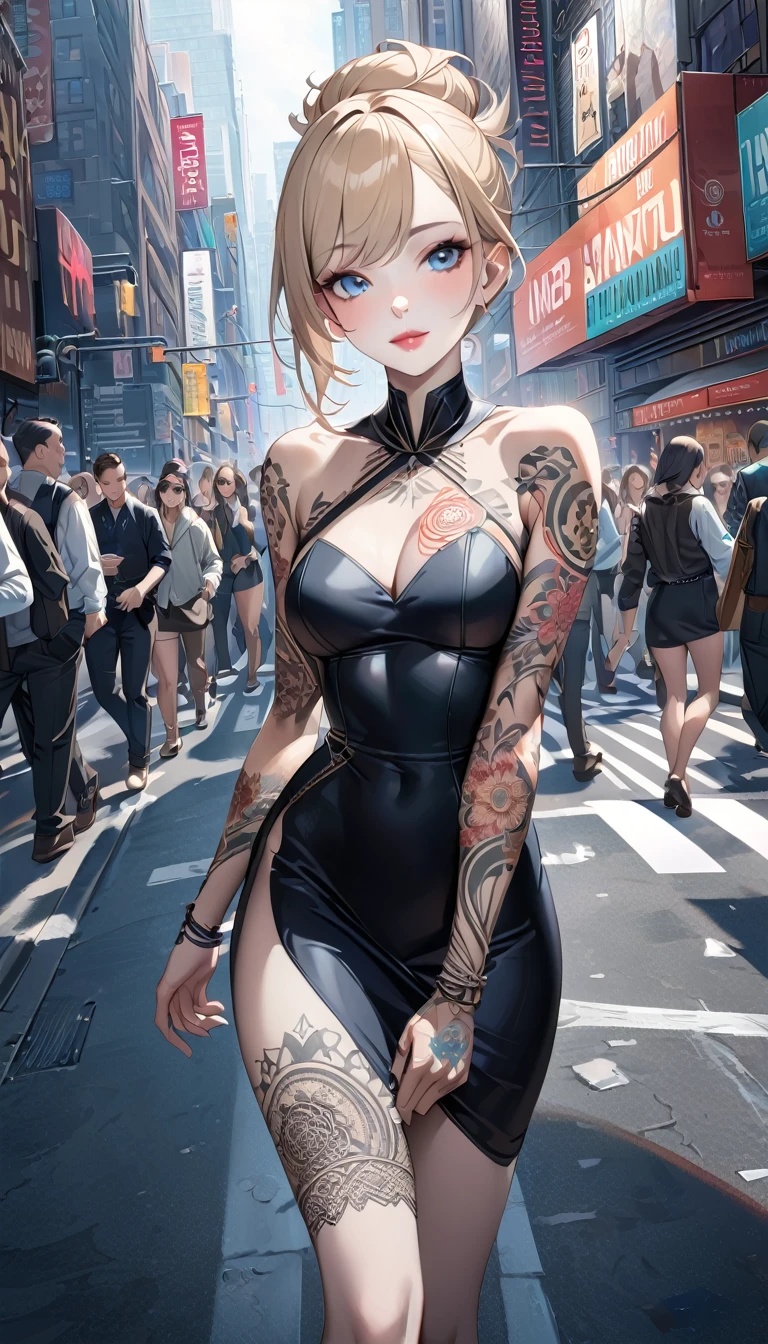 Late 30s woman, Sandy blonde hair in a messy bun, small bust, (colored mandala tattoos:1.37), (wearing a bodycon dress), 1/4 turned away, dynamic catwalk strutting in a crowded NYC street, (wide angle:1.27) (full length portrait), 8k, photorealistic masterpiece, intricately detailed tattoos, (pale white skin), light smile, bright blue eyes, pointed chin, detailed eyes and lips, intricate hands, best hands, perfect hands, human anatomy, correct anatomy 