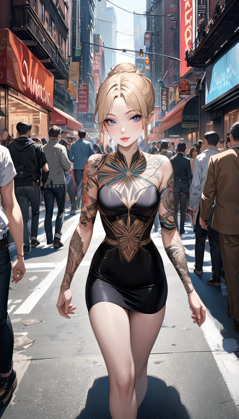 Late 30s woman, Sandy blonde hair in a messy bun, small bust, (colored mandala tattoos:1.37), (wearing a bodycon dress), 1/4 turned away, dynamic catwalk strutting in a crowded NYC street, (wide angle:1.27) (full length portrait), 8k, photorealistic masterpiece, intricately detailed tattoos, (pale white skin), light smile, bright blue eyes, pointed chin, detailed eyes and lips, intricate hands, best hands, perfect hands, human anatomy, correct anatomy 