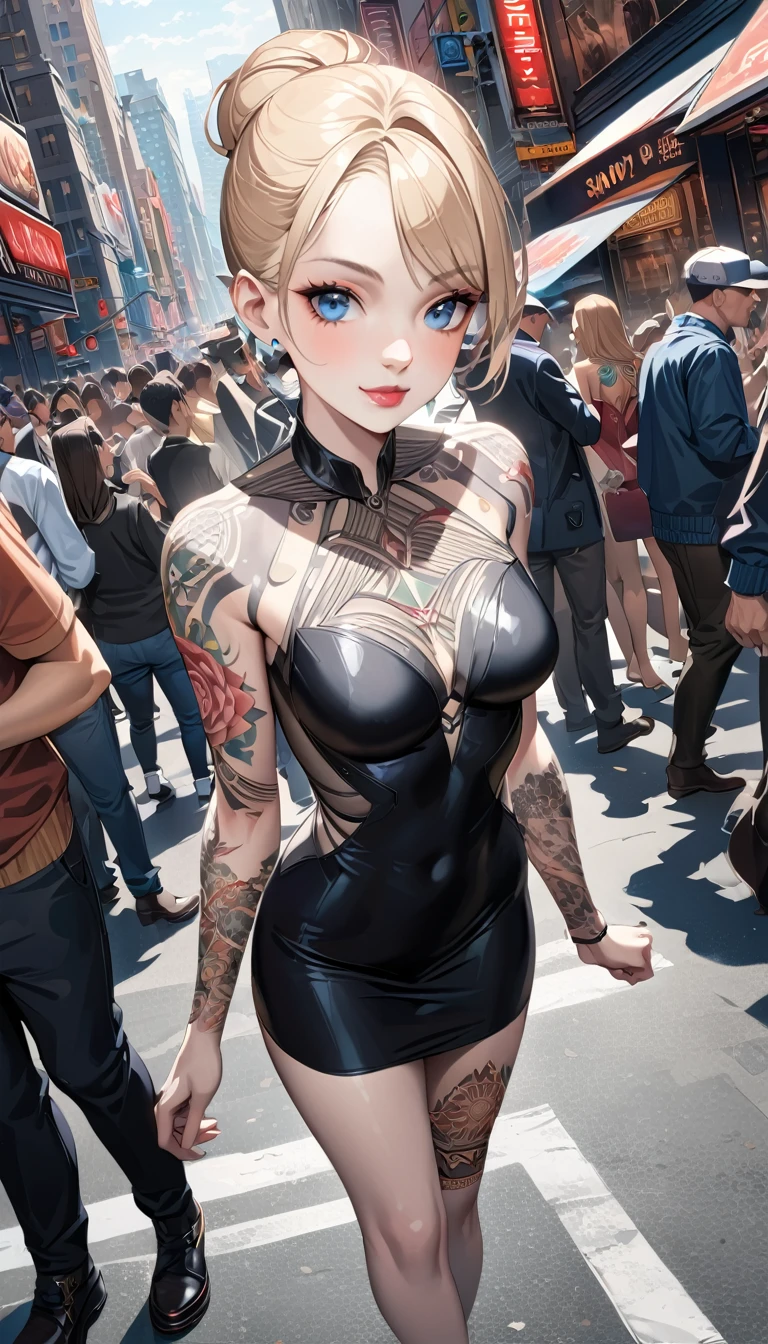 Late 30s woman, Sandy blonde hair in a messy bun, small bust, (colored mandala tattoos:1.37), (wearing a bodycon dress), 1/4 turned away, dynamic catwalk strutting in a crowded NYC street, (wide angle:1.27) (full length portrait), 8k, photorealistic masterpiece, intricately detailed tattoos, (pale white skin), light smile, bright blue eyes, pointed chin, detailed eyes and lips, intricate hands, best hands, perfect hands, human anatomy, correct anatomy 