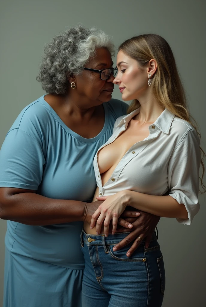 Create a realistic image of a 90 year old elderly lady, who is very obese, black dark skin, wearing a white shirt and black skirt and wearing prescription glasses holding in his hands the breasts of a young woman of 30 years of age, who is completely naked, with a slender body, who has long light brown hair, with light white skin