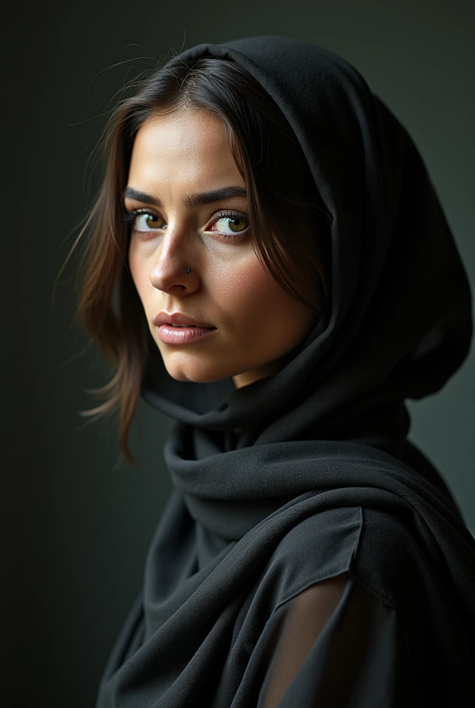 Photo of a serious woman with headscarves and a piercing gaze in profile