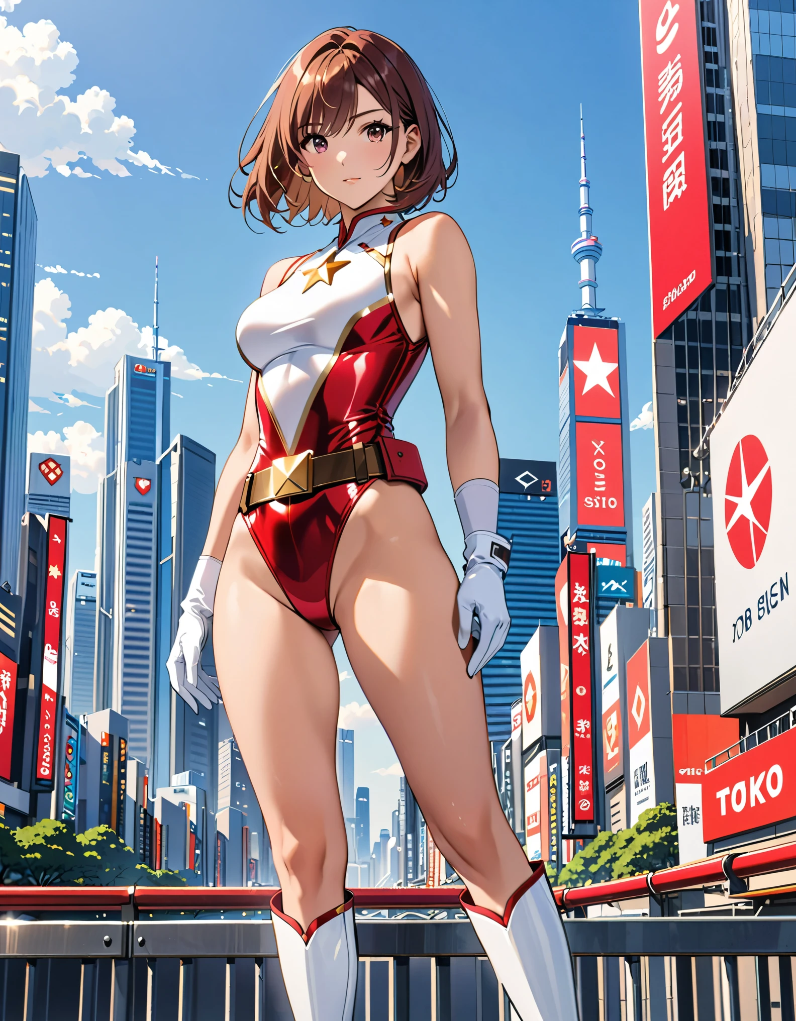 (masterpiece), (best quality), (high res), medium breasts, ((leotard, white and red leotard, matching leotard, sleeveless, bare legs)), ((tight belt, gold belt)), ((boots, matching boots, ankle-high boots, white boots)), ((gloves, white gloves)), city backdrop, tokyo city backdrop, solo, solo focus, standing, (full body), cowboy shot, superhero, ((beautiful detailed eyes)), ((gold star symbol on chest)), (brown hair, medium hair, bob hair, purple eyes), (perfect hands, perfect anatomy), cowboy shot, superhero, ((beautiful detailed eyes)), full body costume design.