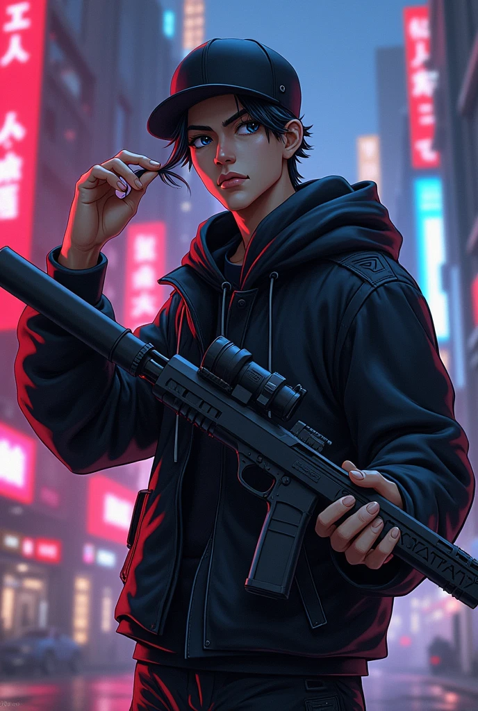 Cyberpunk animated character with a short beard and a black cap, egocentric face, with hair in one hand and a shotgun in the other hand