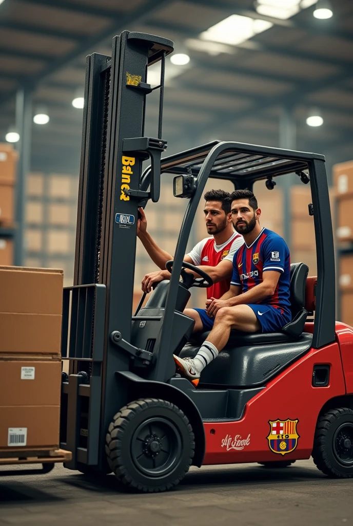 Cristiano Ronaldo in a forklift and Messi together