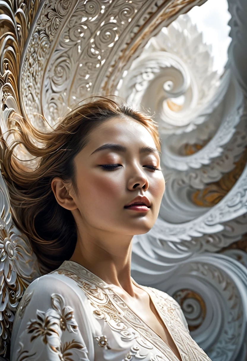 Spectacular cinematic shots of the dynamic mid-journey, I, Travel style, realism, Cinematic Quality, play of light, Slope, Shine, Floating around the face of the woman in the center with her eyes closed、Have a pattern that appears to rotate、Stunning intricate carvings. To highlight the finely crafted details、Use mostly white or light colors. Creates a dynamic effect with moving patterns、Gives the impression of movement. The main subjects of high-budget action films. RAW Photos, Motion Blur. Highest quality, High resolution